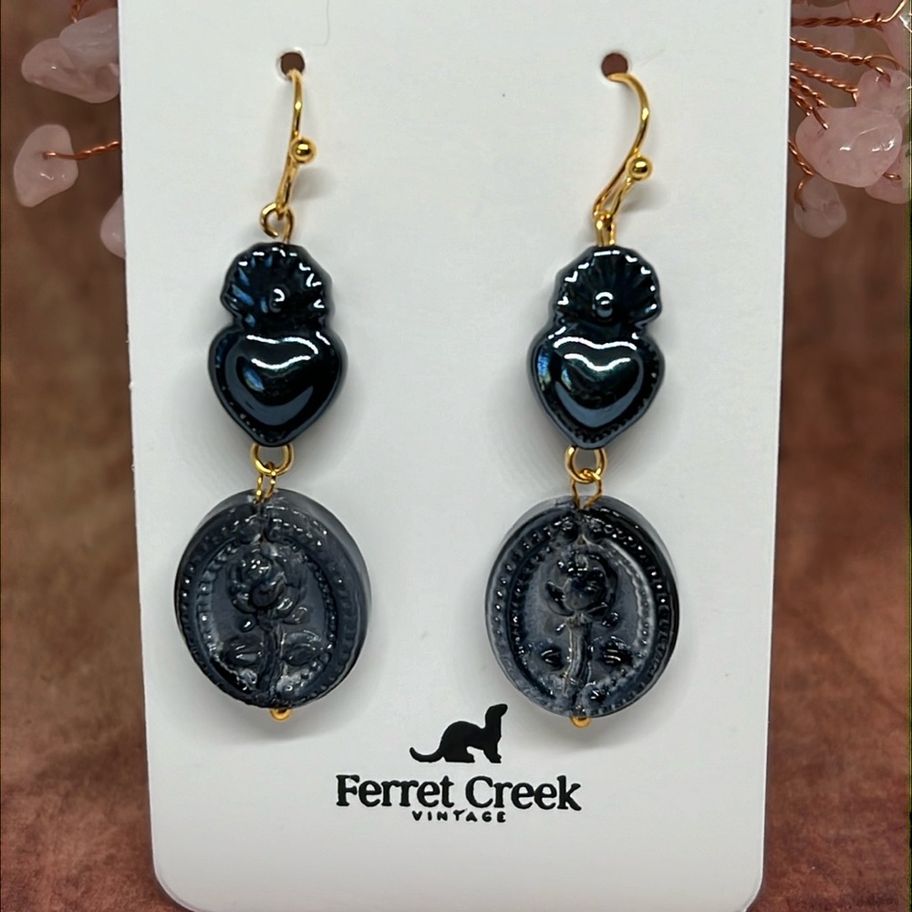 Handmade black artisan glass rose and pottery sacred heart earrings gold